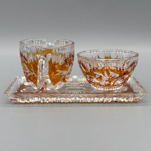 Walther Glas Germany Amber Etched Glass Cream and Sugar Set with Tray - Picture 4 of 8